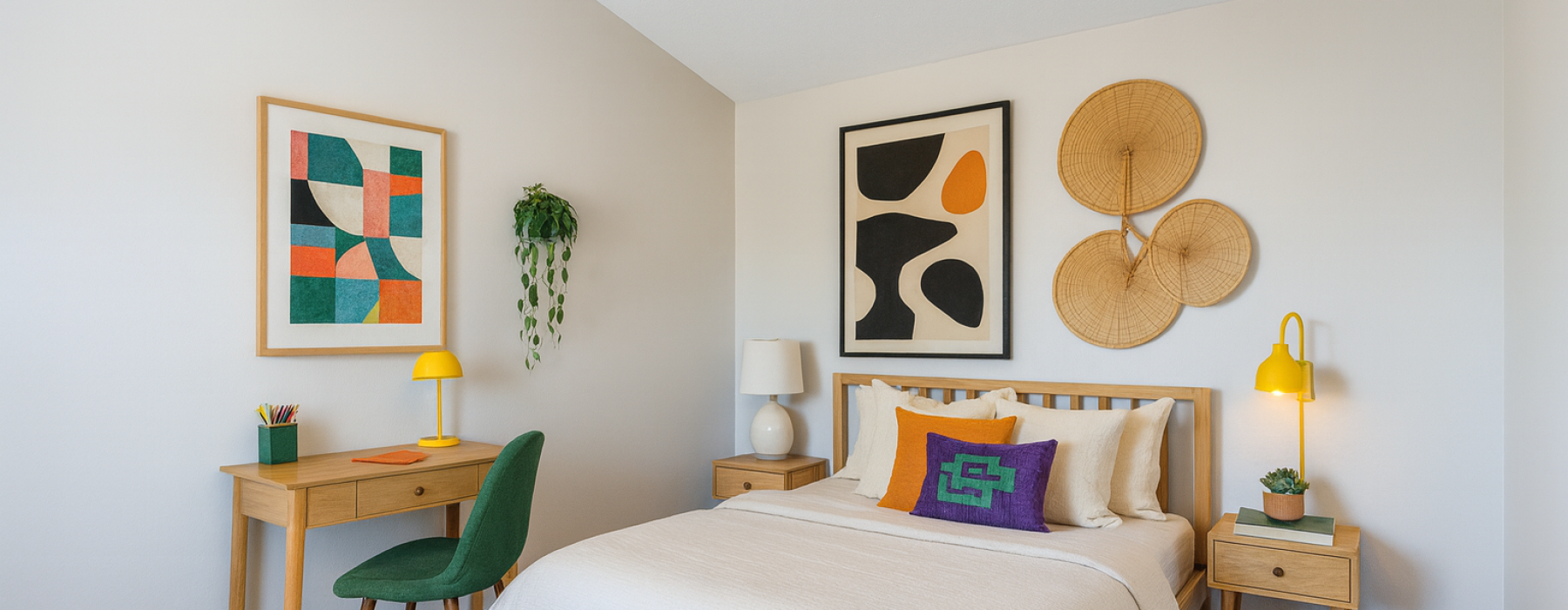 Staged apartment bedroom with desk and decor