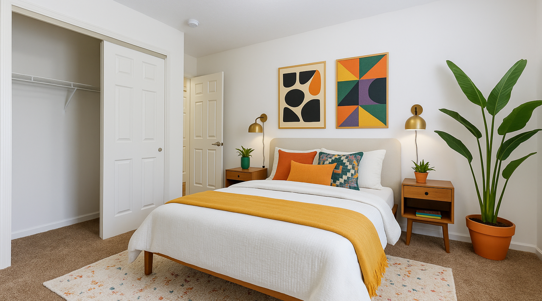 Staged apartment bedroom with large plant