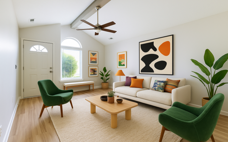 Staged living room with plants and green chairs