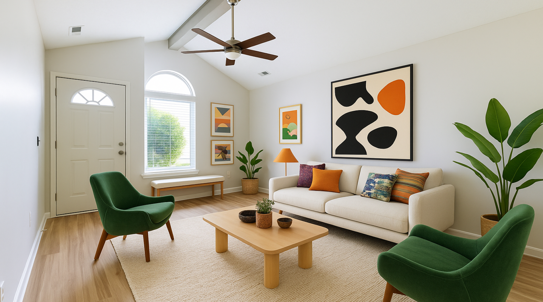 Staged living room with plants and green chairs