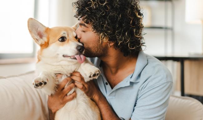 a man holding a dog