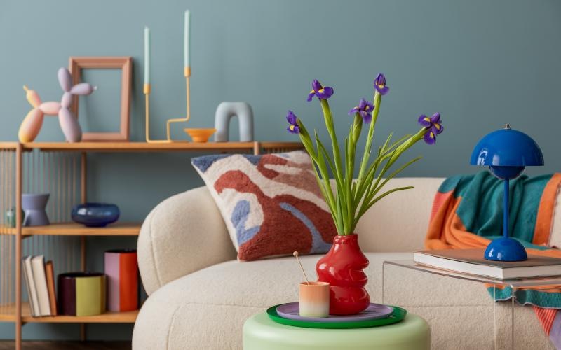 very colorfully furnished living room